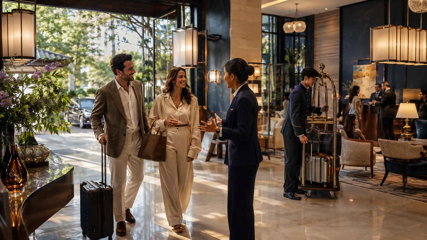 Equipe de hotel recebendo hóspedes com atenção e sofisticação