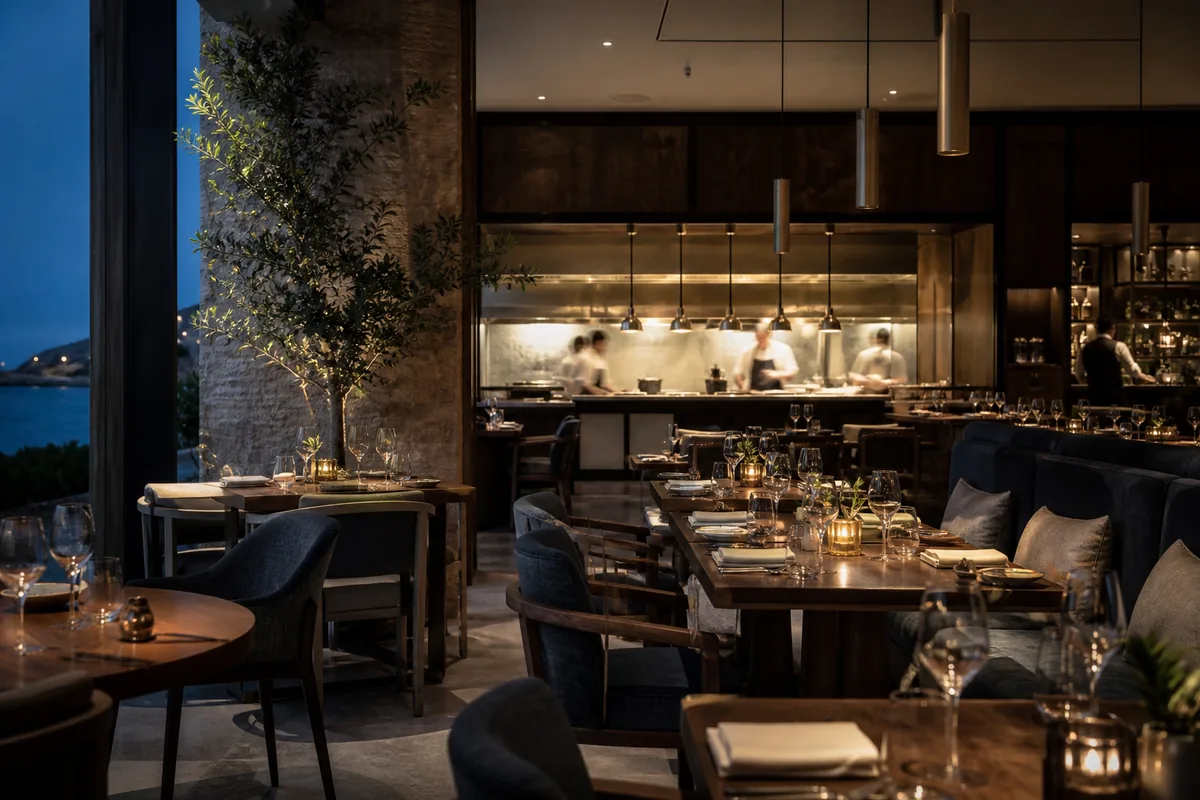 Restaurante de hotel boutique preparado para o serviço ao entardecer