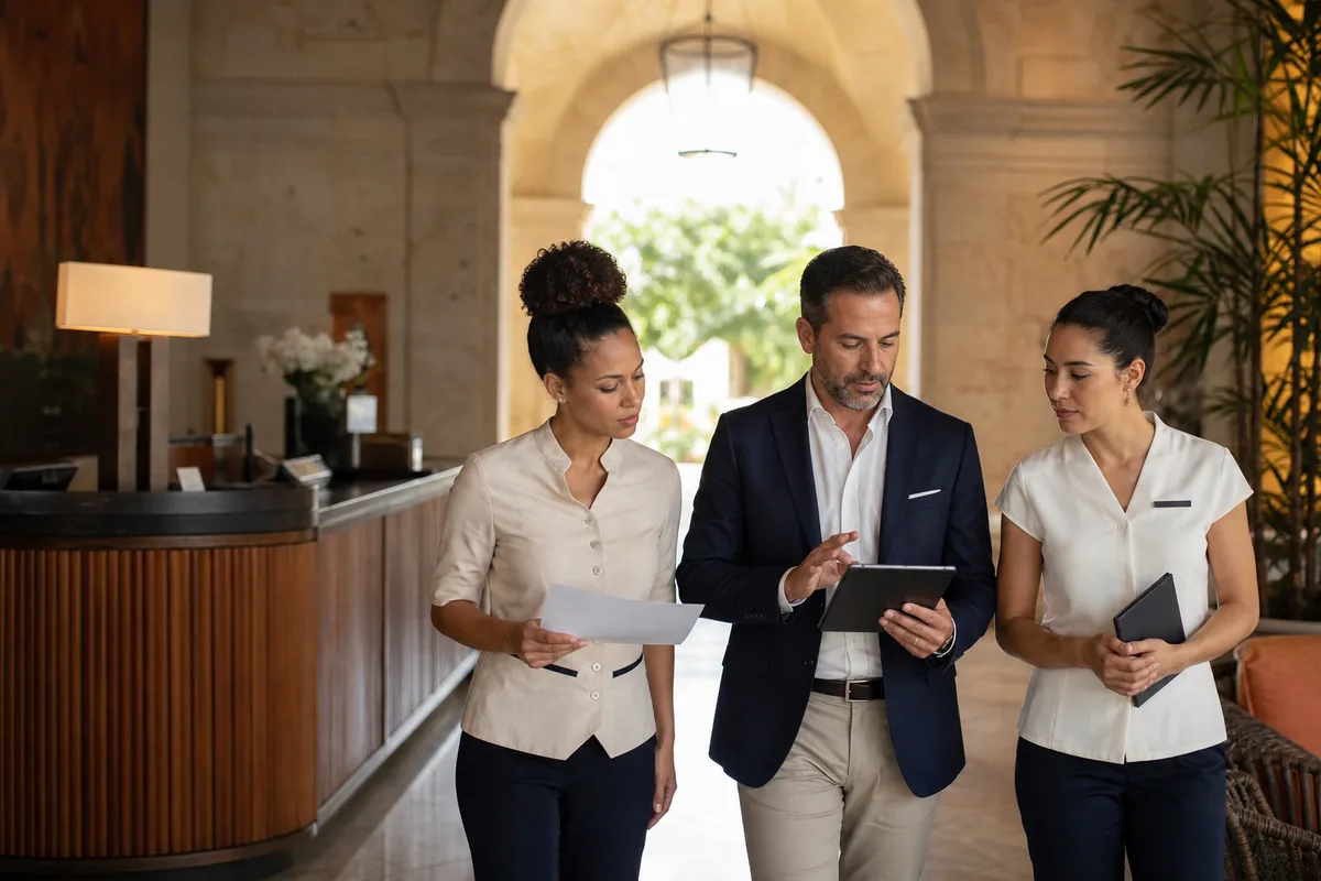 Equipe de hotelaria em alinhamento operacional na recepção