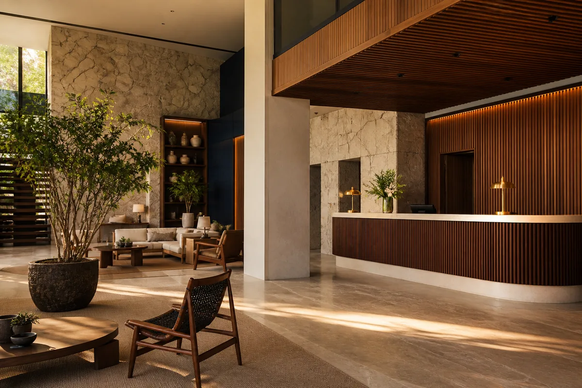 Lobby de hotel boutique com arquitetura contemporânea e recepção integrada